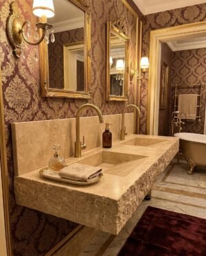 Travertine Double Sink with Backsplash – Handmade Natural Stone Vanity for Modern Bathrooms