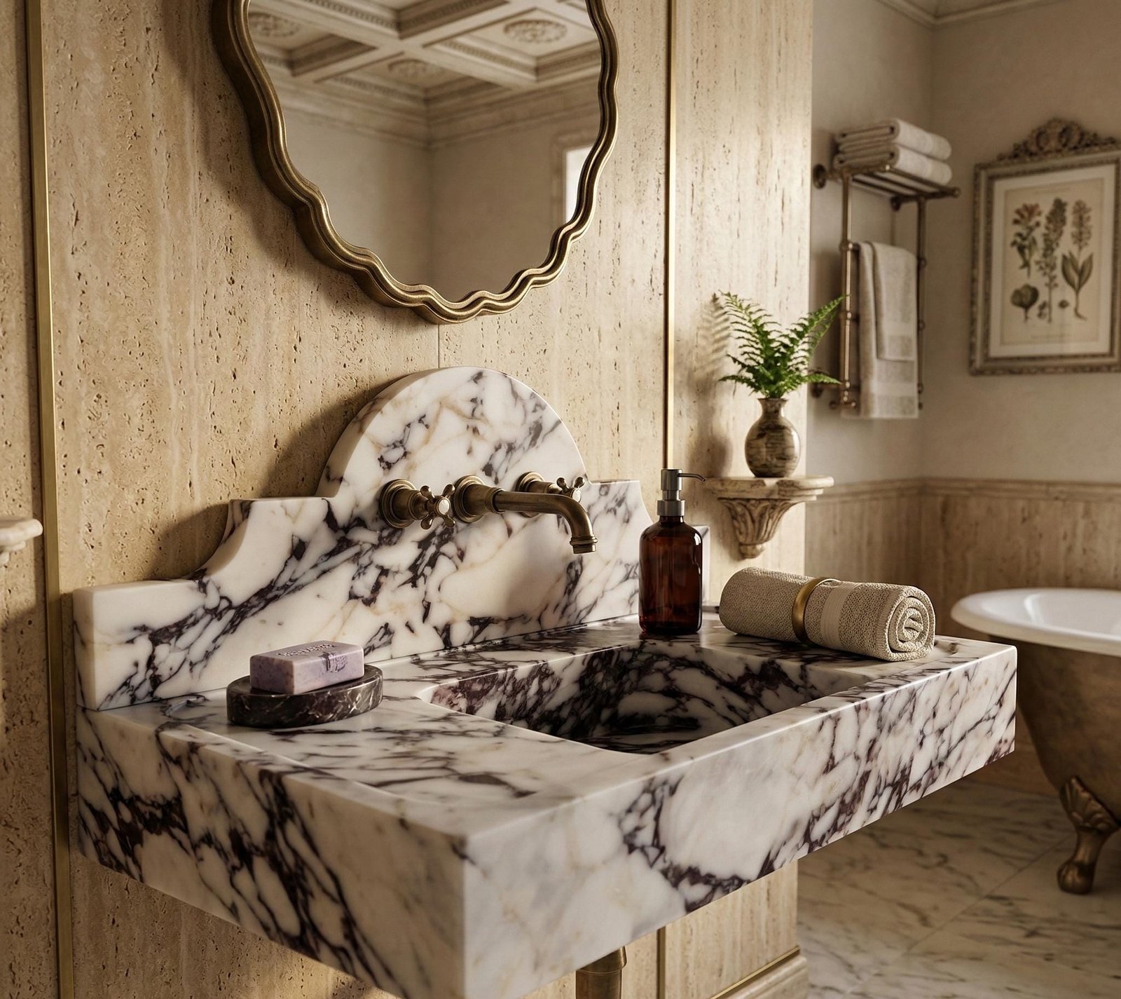 Calacatta Viola Marble Wall Mounted Sink Rectangular Bathroom Basin with Backsplash