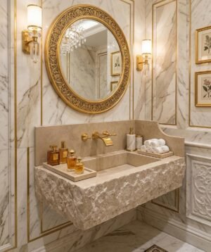 Travertine Marble Sink Rectangular Vanity Basin Integrated Backsplash