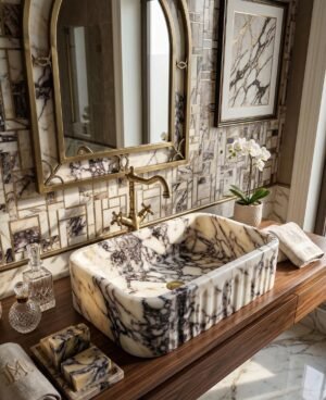 Calacatta Viola Marble Apron Front Sink Hand Carved Farmhouse Basin