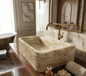 Calacatta Gold Marble Sink: Ribbed Natural Stone Vessel