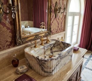 Calacatta Viola Marble Sink: Ribbed Farmhouse Bathroom Vanity