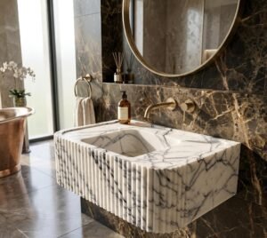 Lilac Marble Bathroom Sink: Grooved Front, Wall Mounted