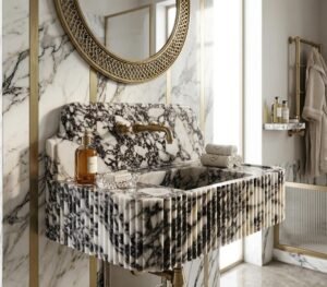 Handcrafted Calacatta Viola Marble Sink: Round Corner Wall Mounted Vanity