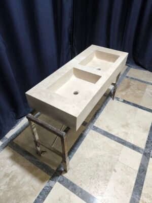 Travertine Double Sink Vanity – 18x42x6 Inch Beige Natural Stone Bathroom Sink – Handmade Double Basin Travertine Vanity Top