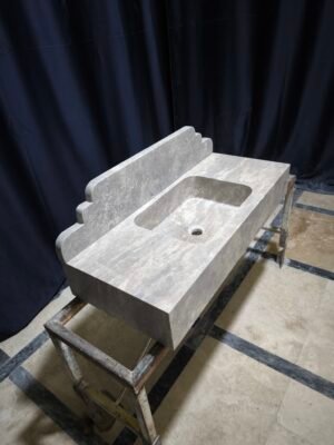 Silver Travertine Rustic Vanity Sink – 16x36x6 Inch Stone Bathroom Sink with 8 Inch Backsplash – Handmade Travertine Basin