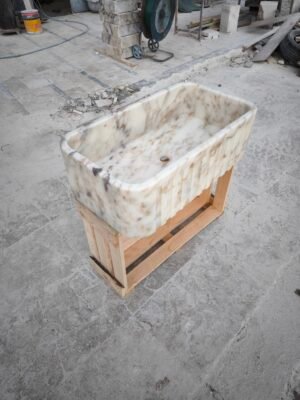 Calacatta Gold Farmhouse Sink – 18x33x10 Inch Fluted Apron Front Marble Kitchen Sink – Handmade Luxury Stone Sink