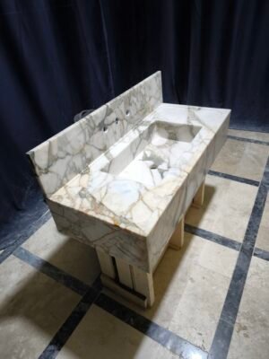 Calacatta Monet Marble Vanity Sink – 18x41x8 Inch Luxury Bathroom Sink with 8 Inch Backsplash – Handmade Stone Basin