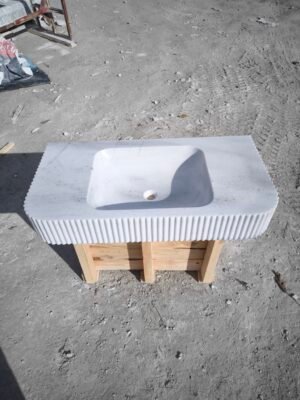 White Marble Farmhouse Sink – 20x40x5 Inch Fluted Apron Front Kitchen Sink – Handmade Solid Stone Sink