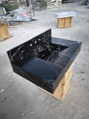 Nero Marquina Marble Vanity Sink – 22x36x6 Inch Black Marble Bathroom Sink with 6 Inch Backsplash – Handmade Luxury Stone Basin