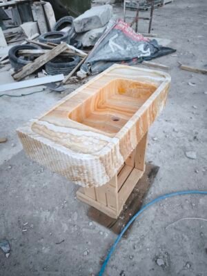 Honey Onyx Stone Sink – 18x36x8 Inch Handmade Onyx Bathroom Vanity Sink – Fluted Luxury Natural Stone Basin