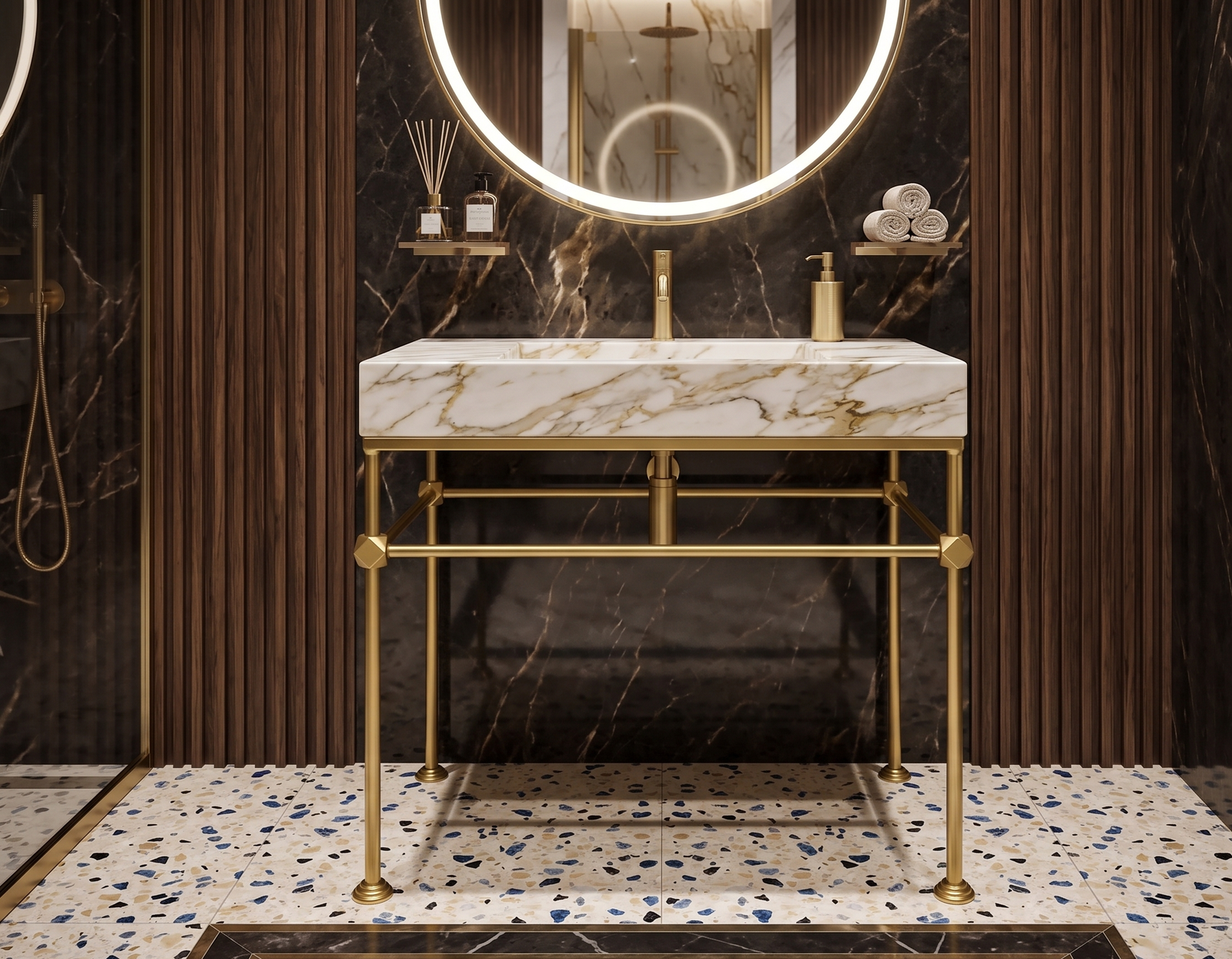 Minimalist Brass Metal Vanity Base for Marble Sink – Handmade Bathroom Console Stand