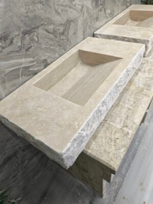Handcrafted Travertine Stone Sink – Rustic Natural Travertine Bathroom Basin 16" x 32" x 5"