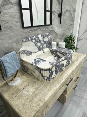 Handcrafted Calacatta Viola Marble Farmhouse Sink with Integrated Backsplash – 16" x 30" x 8"