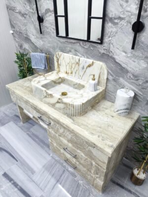 Handcrafted Gold Marble Farmhouse Sink with Integrated Backsplash – 18" x 30" x 6"