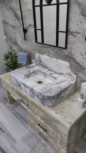 Handmade Lilac Marble Vanity Sink with Backsplash | Luxury Natural Stone Bathroom Basin