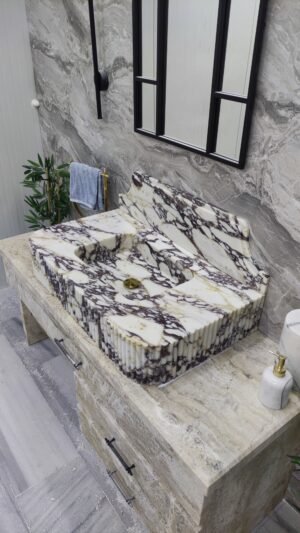 Handmade Calacatta Viola Marble Vanity Sink with Backsplash | Luxury Natural Stone Bathroom Basin