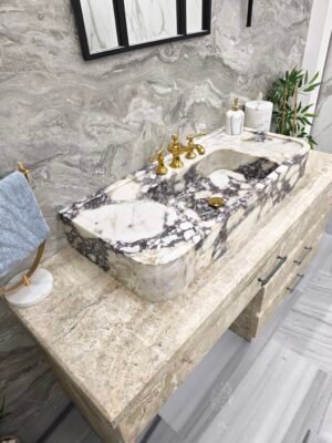 Handmade Calacatta Viola Marble Vanity Sink | Luxury Natural Stone Bathroom Basin with Integrated Deck