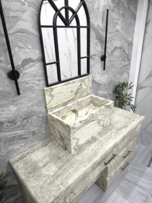 Handmade Calacatta Monet Marble Vessel Sink with Backsplash | Custom Natural Stone Bathroom Sink