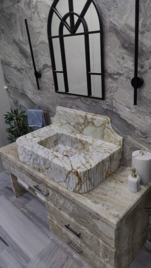 Handmade Calacatta Gold Marble Vanity Sink with Backsplash | Luxury Natural Stone Bathroom Basin