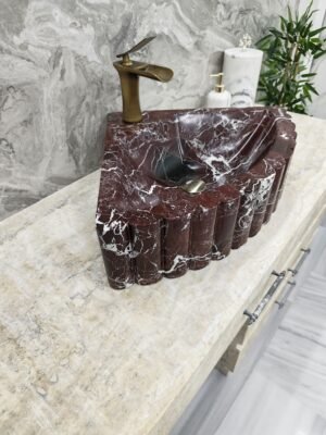Rosso Levanto Marble Corner Sink with Fluted Apron – Luxury Natural Stone Bathroom Sink