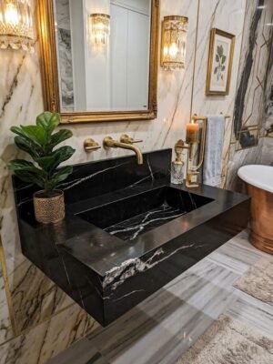 Nero Marquina Marble Sink with Integrated Basin and Backsplash – Luxury Black Stone Bathroom Sink