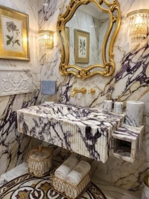 Calacatta Viola Marble Sink with Fluted Apron – Luxury Integrated Bathroom Sink