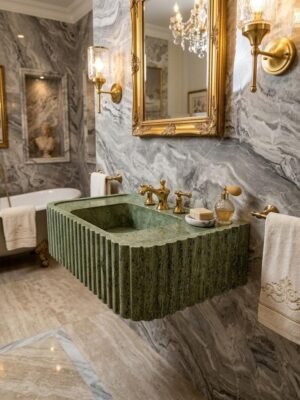Green Marble Bathroom Sink with Fluted Apron – Luxury Integrated Stone Sink