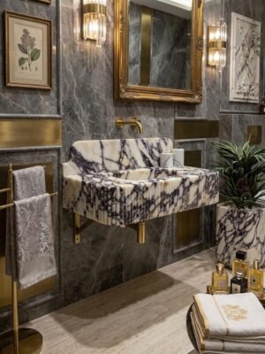 Calacatta Viola Marble Sink with Fluted Apron and Backsplash – Luxury Integrated Bathroom Sink