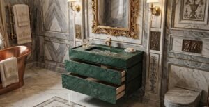 Green Marble Bathroom Vanity with Integrated Sink and Drawers – Luxury Natural Stone Vanity