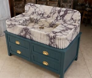 Custom Bathroom Vanity with Calacatta Viola Marble Fluted Sink and Backsplash