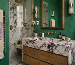Calacatta Viola Marble Sink with Wooden Vanity Cabinet – Handmade Natural Stone Bathroom Sink, 42 Inch Luxury Marble Vanity