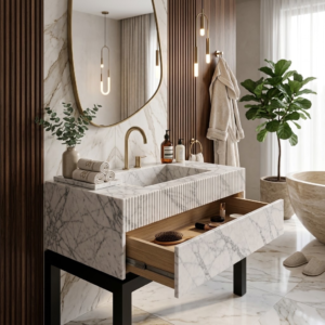 Carrara Marble Vanity Sink with Drawer – 32 Inch Marble Makeup Vanity, Luxury Bathroom Sink