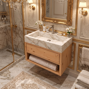 Calacatta Gold Marble Sink and Wooden Bathroom Vanity – 24 Inch