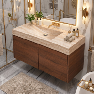 Natural Travertine Marble Sink with Wooden Vanity Cabinet – Floating Bathroom Vanity, Integrated Stone Basin, Modern Luxury Bathroom Furniture
