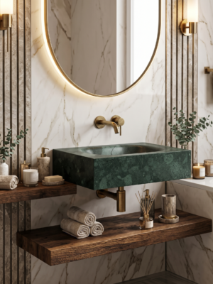 Verde Guatemala Green Marble Sink with Wooden Shelf – 24 Inch