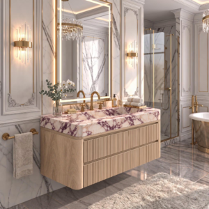 Calacatta Viola Marble Sink with Fluted Wooden Vanity Cabinet – Luxury Floating Bathroom Vanity with Integrated Basin